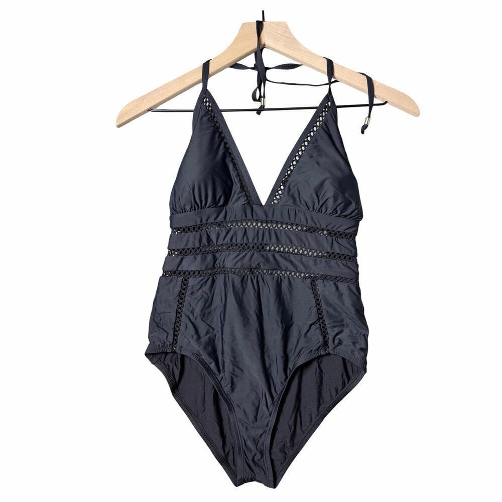 Ella Moss One-Piece Halter Swimwear V-Neck Black Swimsuit Women's Size L
